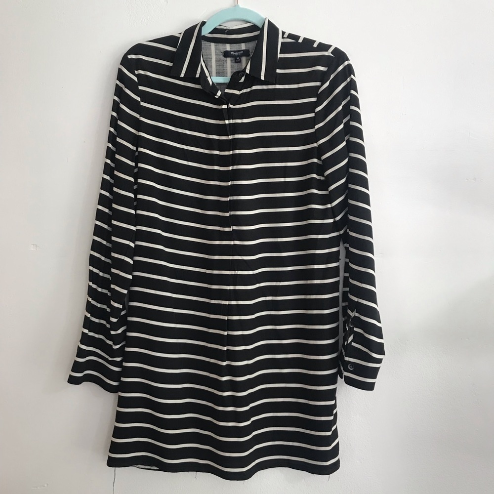 Madewell striped horizontal black white button down collar tunic dress